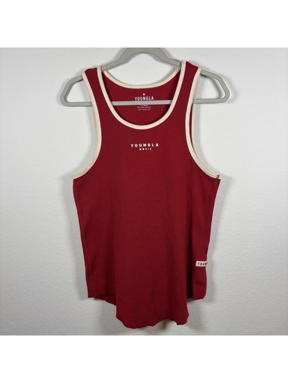 YOUNGLA Men’s Red Wife Beater Cotton Tank Top Size XL Gym Lifting Workout EUC